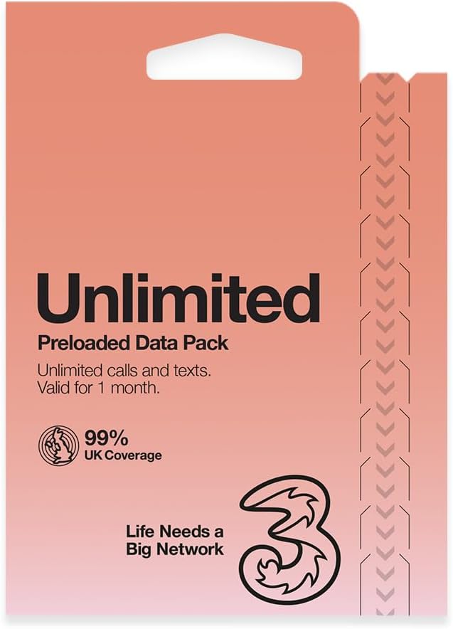 Three Esim Prepaid for 1 Month. Digital eSim With Unlimited UK Data, UK Calls & Texts & 30GB of Roaming in Over 70 Countries