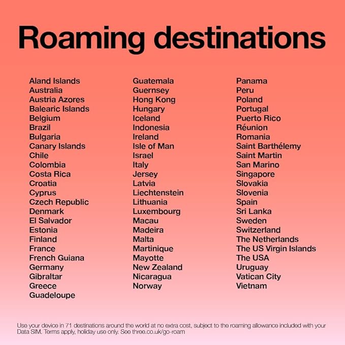 Three Pre Loaded Unlimited UK Data UK Calls & UK Texts  PAYG SIM Card Valid For One Month with 30GB of Roaming Data.